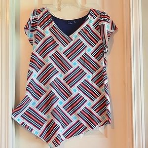 Women's asymmetrical hem mixed materials blouse